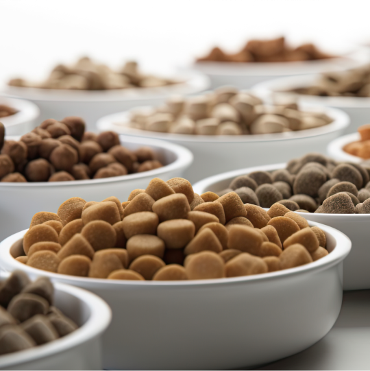  A close-up of multiple bowls on a table, each containing a different kind of pet food.